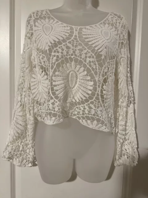 Em Creme Boho Crochet Crop Top White Bell Sleeve Festival Hippie Small Medium