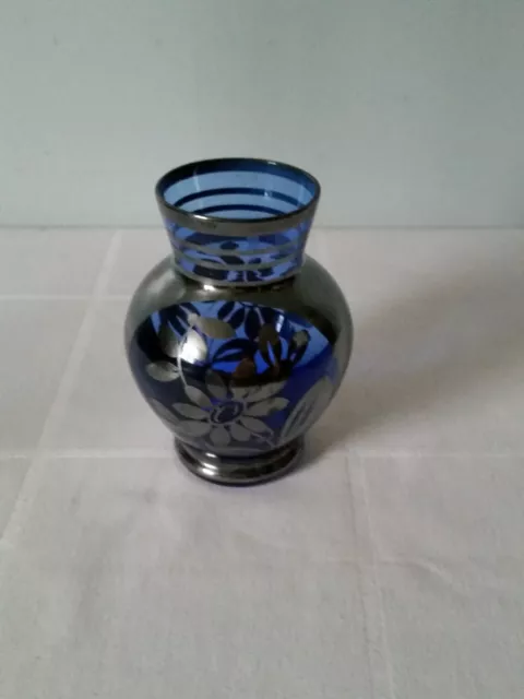 ITALIAN Sterling Overlay COBALT BLUE Glass VASE 4"