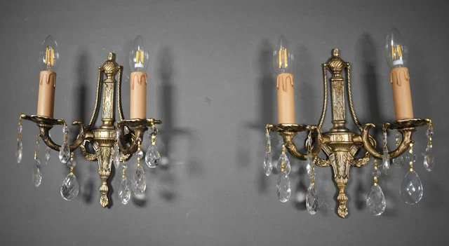 VINTAGE Victorian Double Arm Solid Brass Crystal Prisms Pair of Applique Sconces