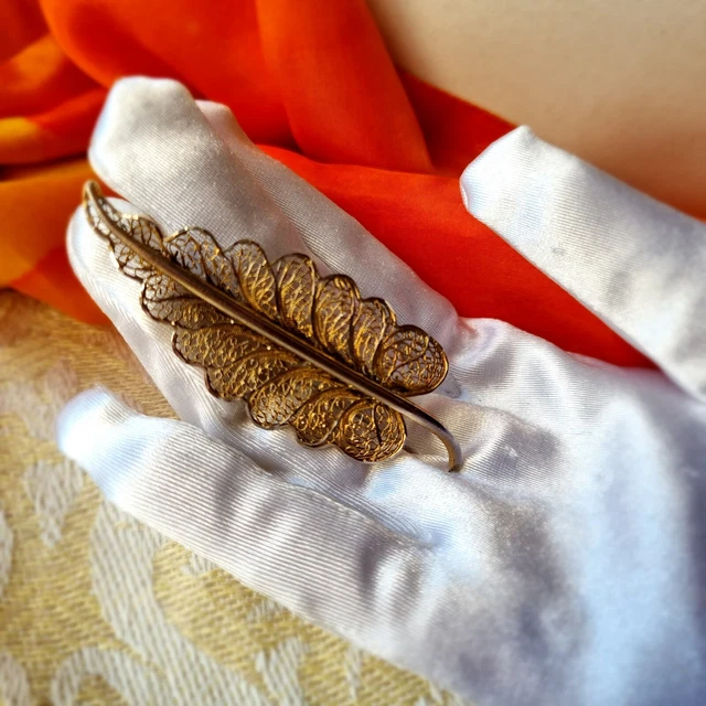 Broche Vintage En Argent Vermeil Filigrané - Motif Feuille, 13x15 Mm - Occasion