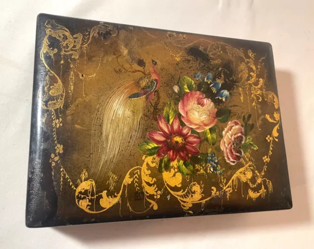 antique hand made painted French lacquered wood jewelry dresser box flower bird 3