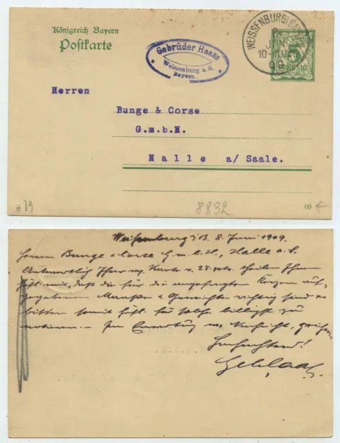68476 - Ganzsache P 79 (09) - Postkarte - Weißenburg 8.6.1909 nach Halle