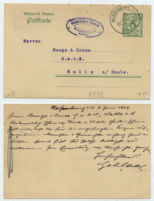 68476 - Ganzsache P 79 (09) - Postkarte - Weißenburg 8.6.1909 nach Halle