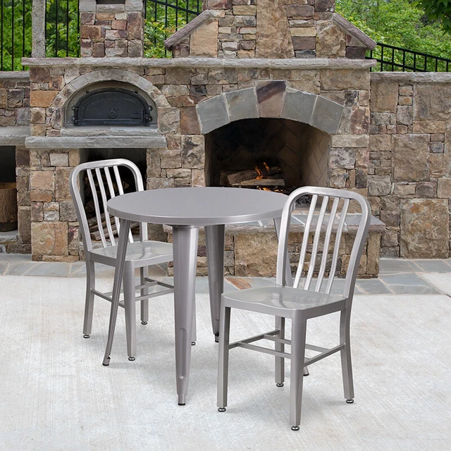 Flash Furniture Commercial Grade 30" Round Silver Metal Indoor-Outdoor Table Set