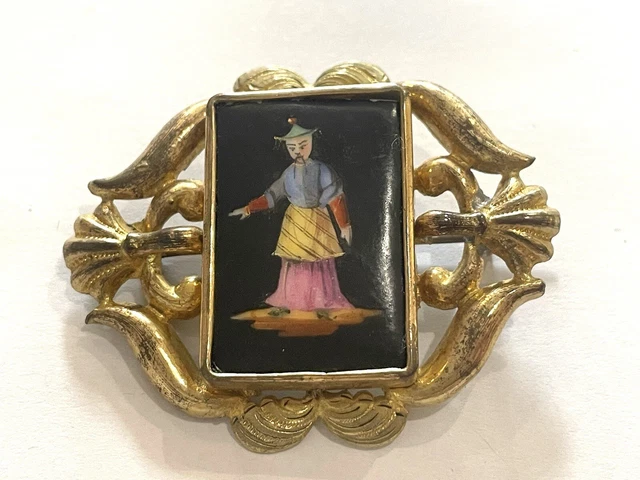 Broche Ancienne En Porcelaine Peinte - Style Pomponne - Bijou Vintage En Métal Doré