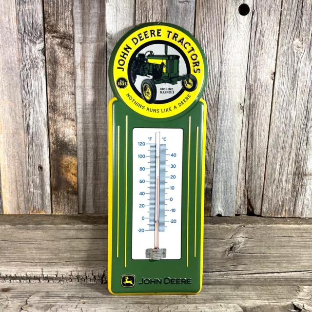 John Deere Farm Tractor 15" Embossed Metal Thermometer Tin Sign Barn New