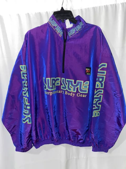 Vintage Surf Style Iridescent Purple 1/4 Zip Pullover Windbreaker Jacket OSFA