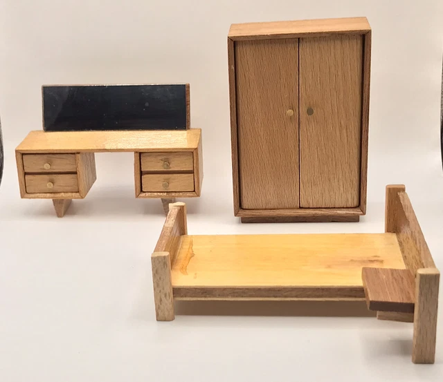 Mid Century Wooden Bedroom Furniture Dolls House Retro Style Vgc