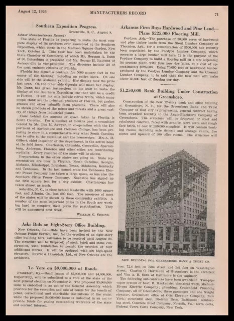 1926 Greensboro Bank & Trust Co. Building Photo North Carolina Article Print Ad