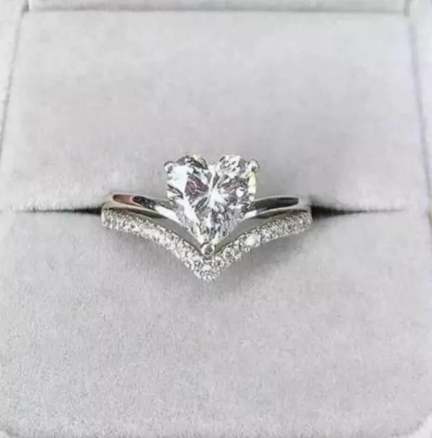 Engagement Ring & Band 14k White Gold 2.20ct Diamond Heart Cut Simulated Size 6