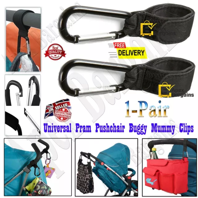 2 x Universal Mummy Buggy Clips Pram Pushchair Stroller Hook Shopping Bag Holder