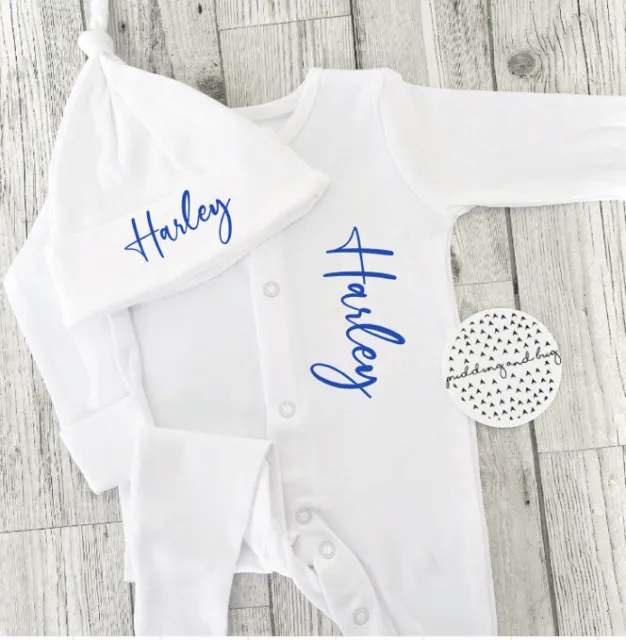 personalised sleepsuit Babygrow with matching baby hat Hello World