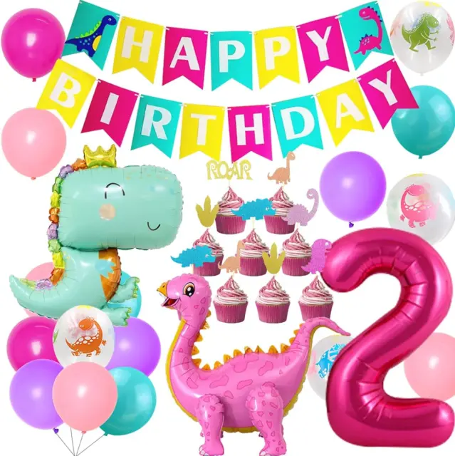 JOYMEMO Decorazioni festa dinosauro per ragazze 2° compleanno rosa, numero dinosauro