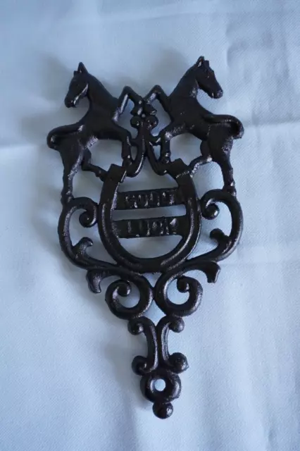 Vintage Good Luck horseshoe trivet black cast iron horses Farmhouse Country