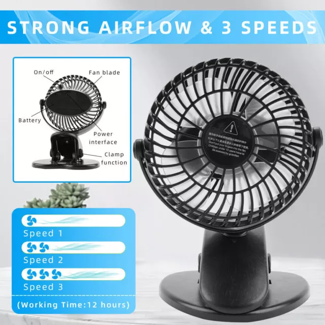 3 Speeds USB Rechargeable Mini Cooling Fan Clip On Desk Baby Stroller Portable**