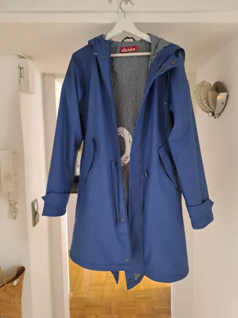 Derbe Damen Regen Mantel Jacke Kapuze Streifen-Muster Blau, Gr. 40 NEUWERTIG!!!!