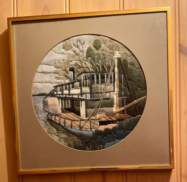 Framed Completed House Boat, Long Stitch, Gold frame  #33