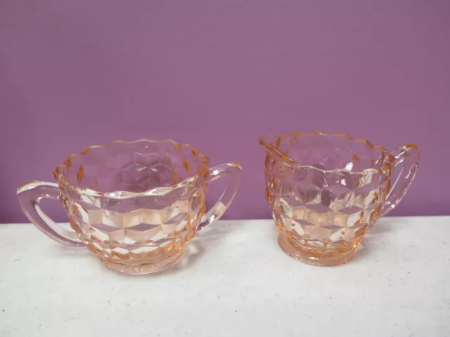 Vintage Pink Depression Glass Jeannette Cube Sugar Bowl and Creamer Cubist