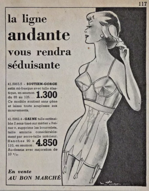PUBLICITÉ DE PRESSE 1956 LA LIGNE ANDANTE SOUTIEN GORGE et GAINE - AU BON MARCHÉ