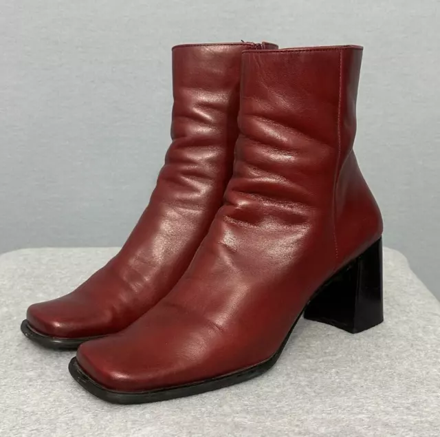 Vintage 90s Y2K Nine West Womens Boots 9M Red Leather Ankle Bootie Square Toe 2