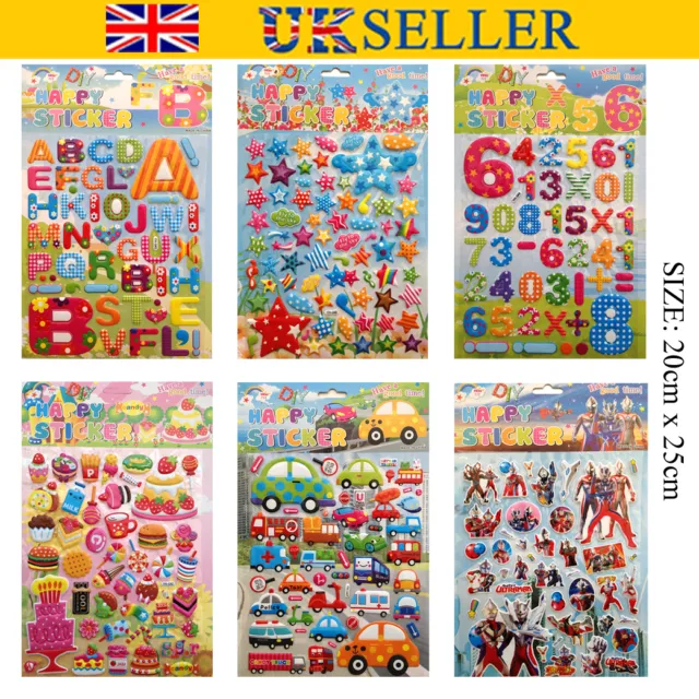 A4 3D Children DIY Craft Sticker Cars Buses Sweets Cakes Numbers Stars Letter UK