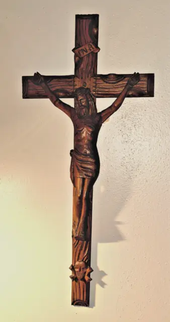Large 27" x 12" Vintage INRI Wood Cross Hanging Crucifix - French - Hand-Carved