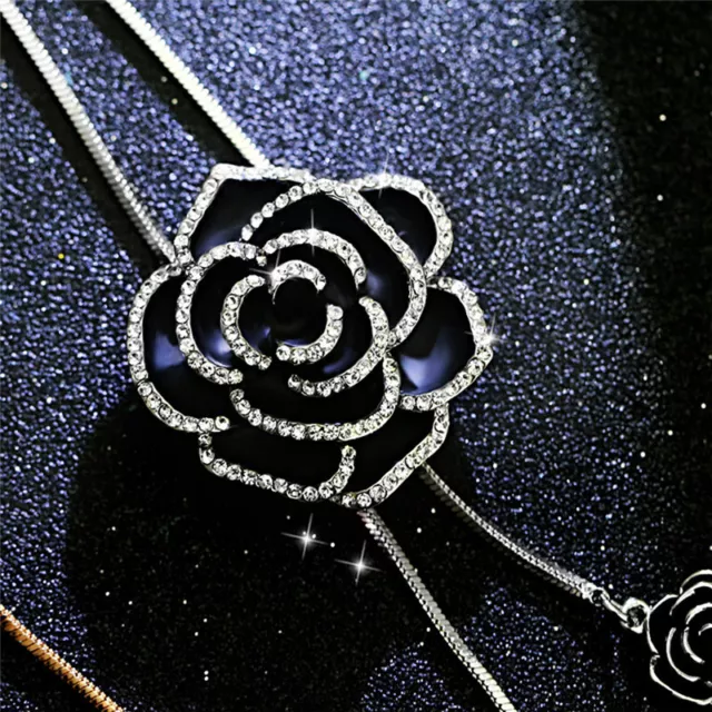 Black Rose Flower Long Pendant Necklace Sweater Chain Crystal Women Jewelry G-tz 2