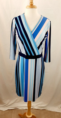 Roz & Ali Women's M Pink Blue Striped V-Neck Sheath Dress Stretch Casual Career