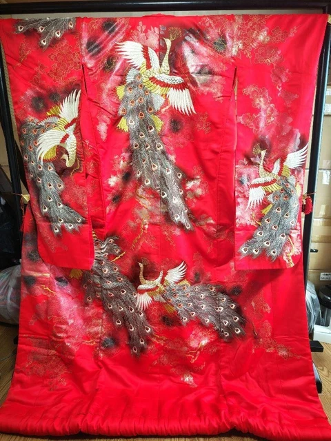 Japanese Silk Kimono Robe Uchikake Wedding Embroidery Antique #C10