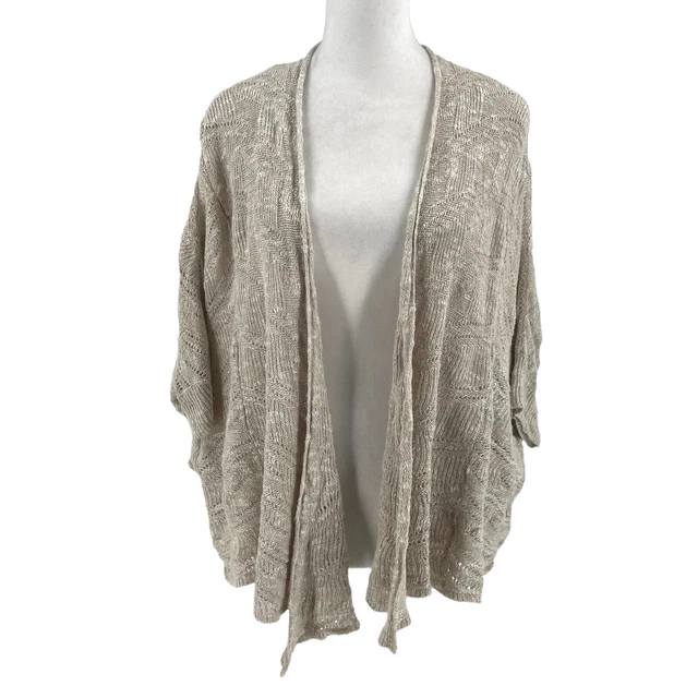 EILEEN FISHER Linen Blend Open Front Cardigan Sweater Pointelle Knit size Small