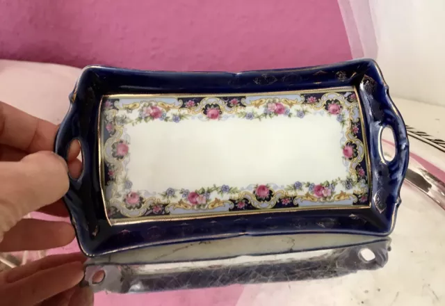 Antik Porzellan kleines edles Tablett Schale Handhaben Zierschale kobaltblau