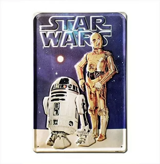 STAR WARS: Targa Metallo con rileivo vintage R2-D2 & C-3PO Droids Guerre Stel...