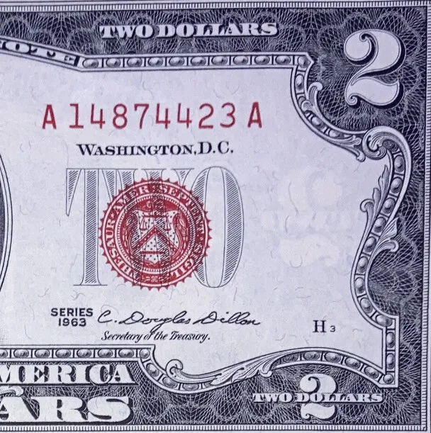 1963 ($2) Dollar Red Seals Consecutive Serial Numbers Legal Tender  Uncirculated