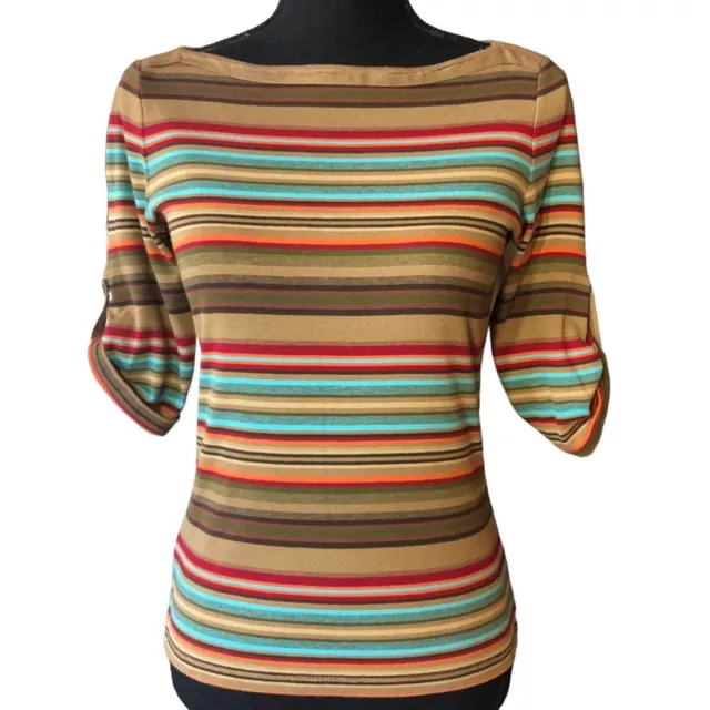 Lauren Ralph Lauren Stripe Knit Faux Suede Trim Boatneck Pullover Womens Sz S