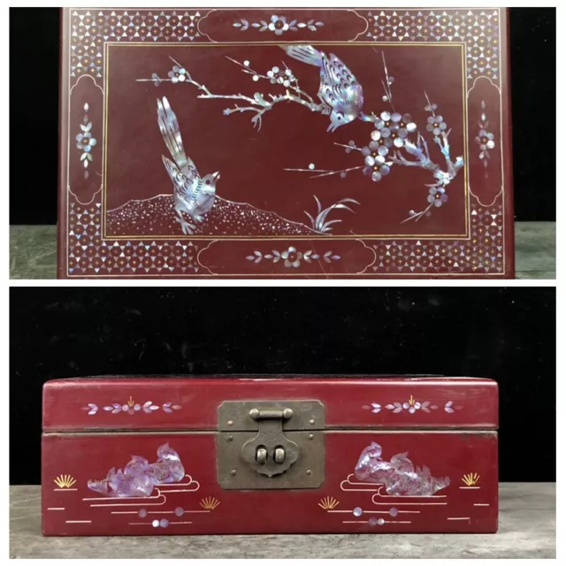 7"chinese antique vintage jewelry box with jewelry mother of pearl inlay lacquer