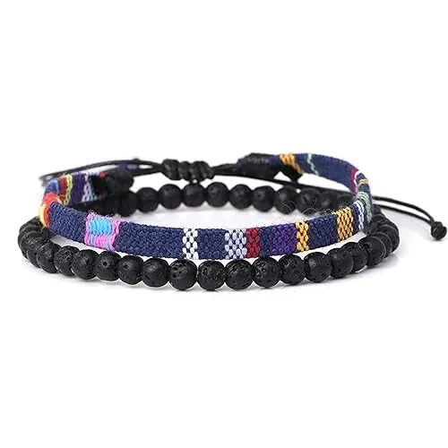 Boho Surfer Bracelet Lava Beads Handmade Woven Friendship Bracelet for Women Men