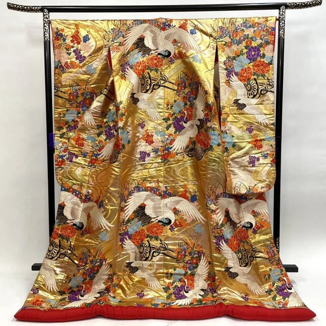 Japanese Kimono Uchikake Luxurious Wedding Embroidery Pure Silk Gold Crane K679