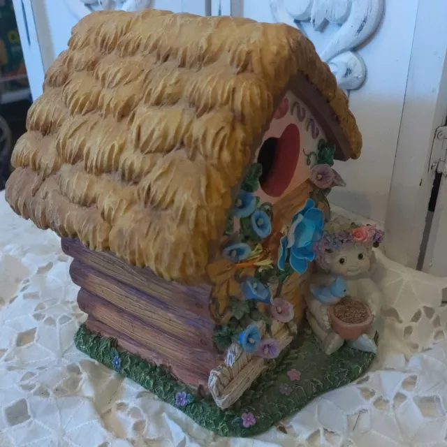 Beautiful Ceramic Bird House with Flowers, Thatched Roof & Cherub 3