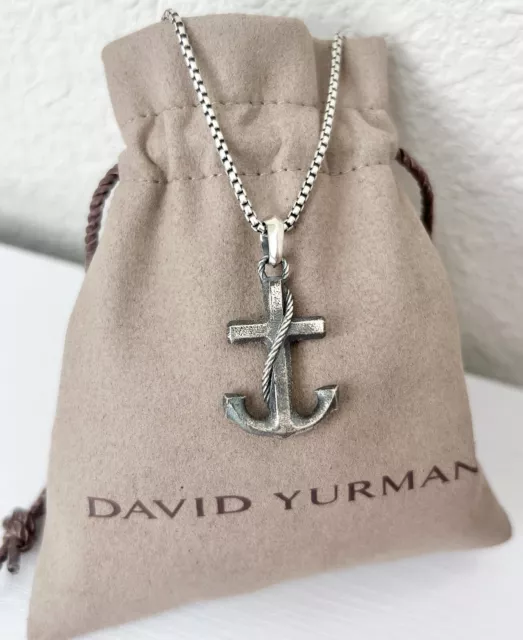 David Yurman Silver Anchor Pendant with 27-28" Box Chain Necklace for Men
