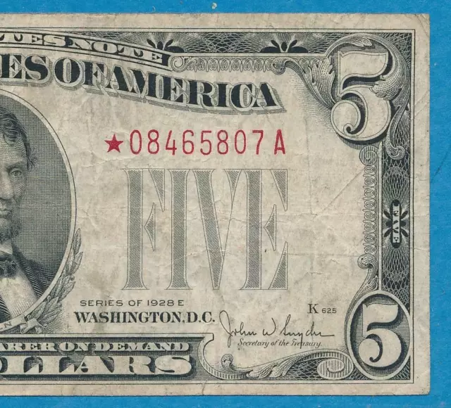 $5.00 1928-E Ultra  Rare  Star  Red Seal Legal Tender  United States Note