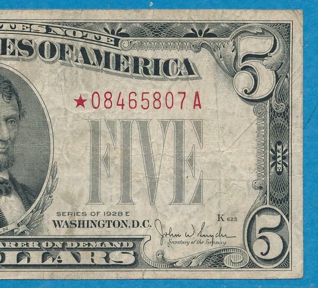 $5.00 1928-E Ultra  Rare  Star  Red Seal Legal Tender  United States Note