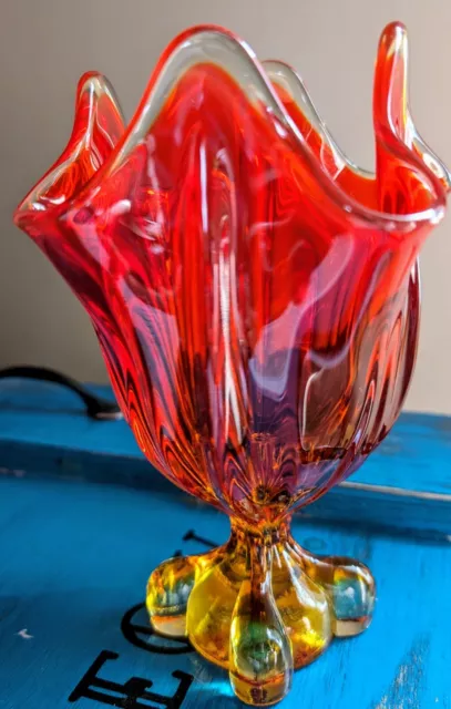 Vintage Fiery MCM Amberina Red Yellow Handkerchief Vase Viking Glass Swung VTG