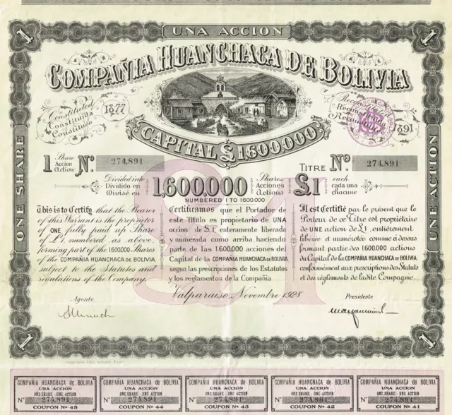 BOLIVIA HUANCHACA MINING & RAILCAR COMPANY stock certificate 1928