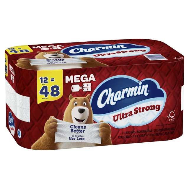 ULTRA STRONG TOILET Paper 12 Mega Roll, 2Ply, 242 Sheets Per Roll, 4X