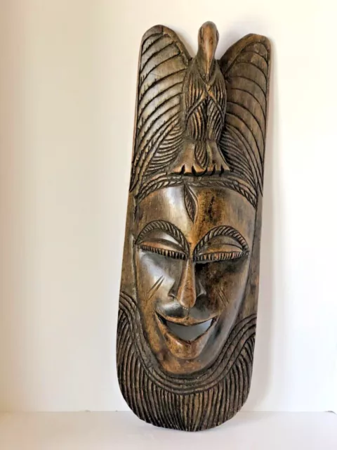 Vintage Tribal African  Hand Carved Wood Halloween  Mask Wall Hanging 18 X 6”