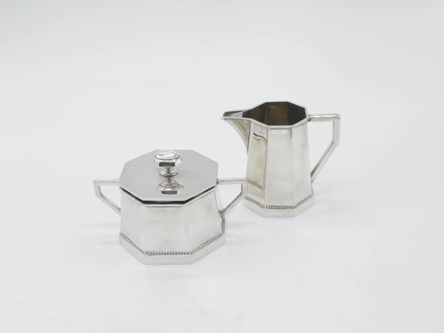 German .800 Silver Lidded Sugar Bowl & Cream Jug Modernist Antique c1900