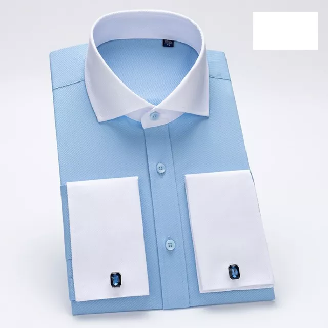 Mens Dress Shirts Long Sleeves French Cuff Formal Business With Cufflinks Shirts