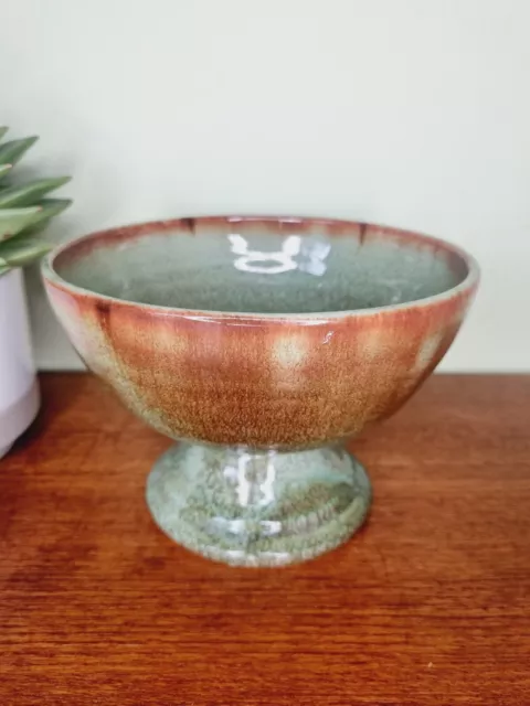 Art Pottery Ceramic Pedestal Bowl Green Brown Artisan Sweet Fruit Bowl Vase 3