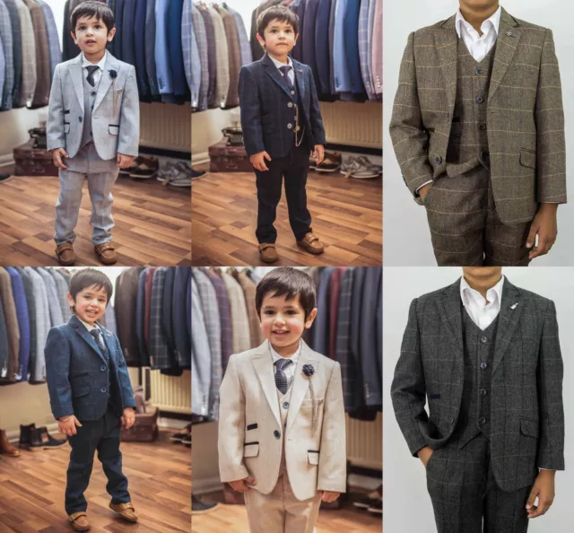 Boy's Children's Cavani Peaky Blinders Tweed Check 3 Piece Suit Wool Blend New