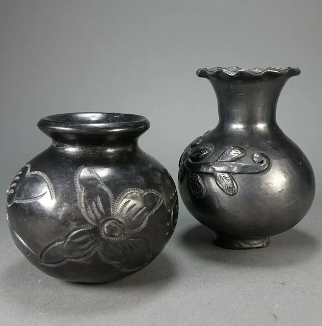 Pair of Mexican Pottery Round Vases Black Ceramic Flowers and Vines - No damage